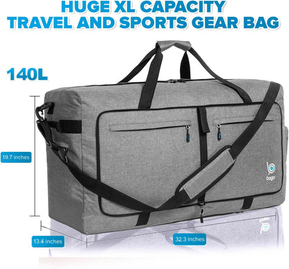 Bago Big XXL Foldable Duffel Bags for Traveling Women & Men - 140L Packable Duffle Bag for Travel with Shoe Compartment - Water Repellant, Heavy Duty, Lightweight Folding & Collapsible (SnowGray)