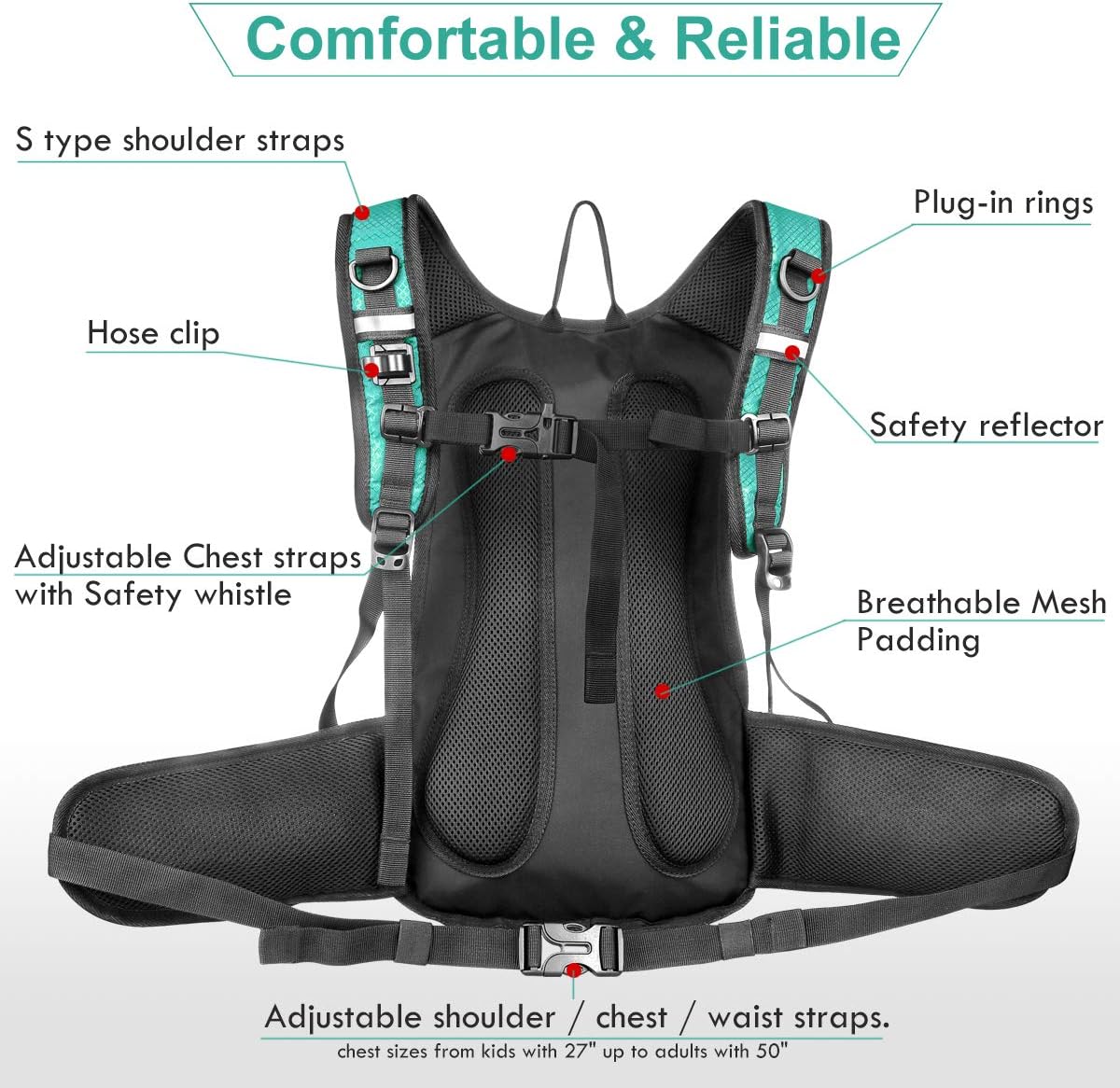 Insulated Hydration Backpack Pack with 3L BPA Free Leak Proof Water Bladder, Large Storage Lightweight Hiking Daypack with Waist Pouches & Cooler Layer, for Running, Biking, Camping, Festival