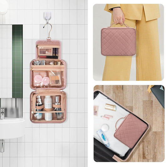 CUBETASTIC Travel Toiletry Bag, Makeup Bag for Women, Small Hanging Travel Bag for Toiletries with 3 Compartment, Portable Cosmetic Organizer Case, Water-resistant, Pink