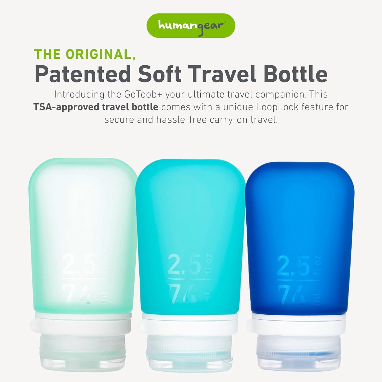 humangear GoToob+ 3-Pack (Medium) | Refillable Silicone Travel Bottle | Locking Lid | Food-Safe Material | Mint/Aqua/Teal, Medium (2.5 fl.oz.; 74ml)