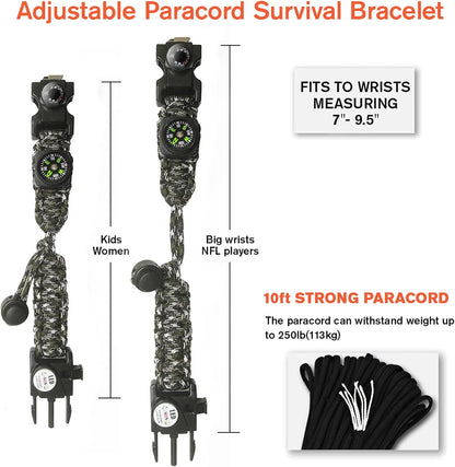 20 in 1 Survival Paracord Bracelet Adjustable Gear Kit with SOS LED Light, Fire Starter, Bigger Compass, Survival Whistle, Perfect for Camping, Hiking, Fishing