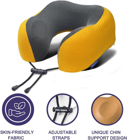 napfun Neck Pillow for Traveling, Upgraded Travel Neck Pillow for Airplane 100% Pure Memory Foam Travel Pillow for Flight Headrest Sleep, Portable Plane Accessories, Yellow, Medium (120-200LB)