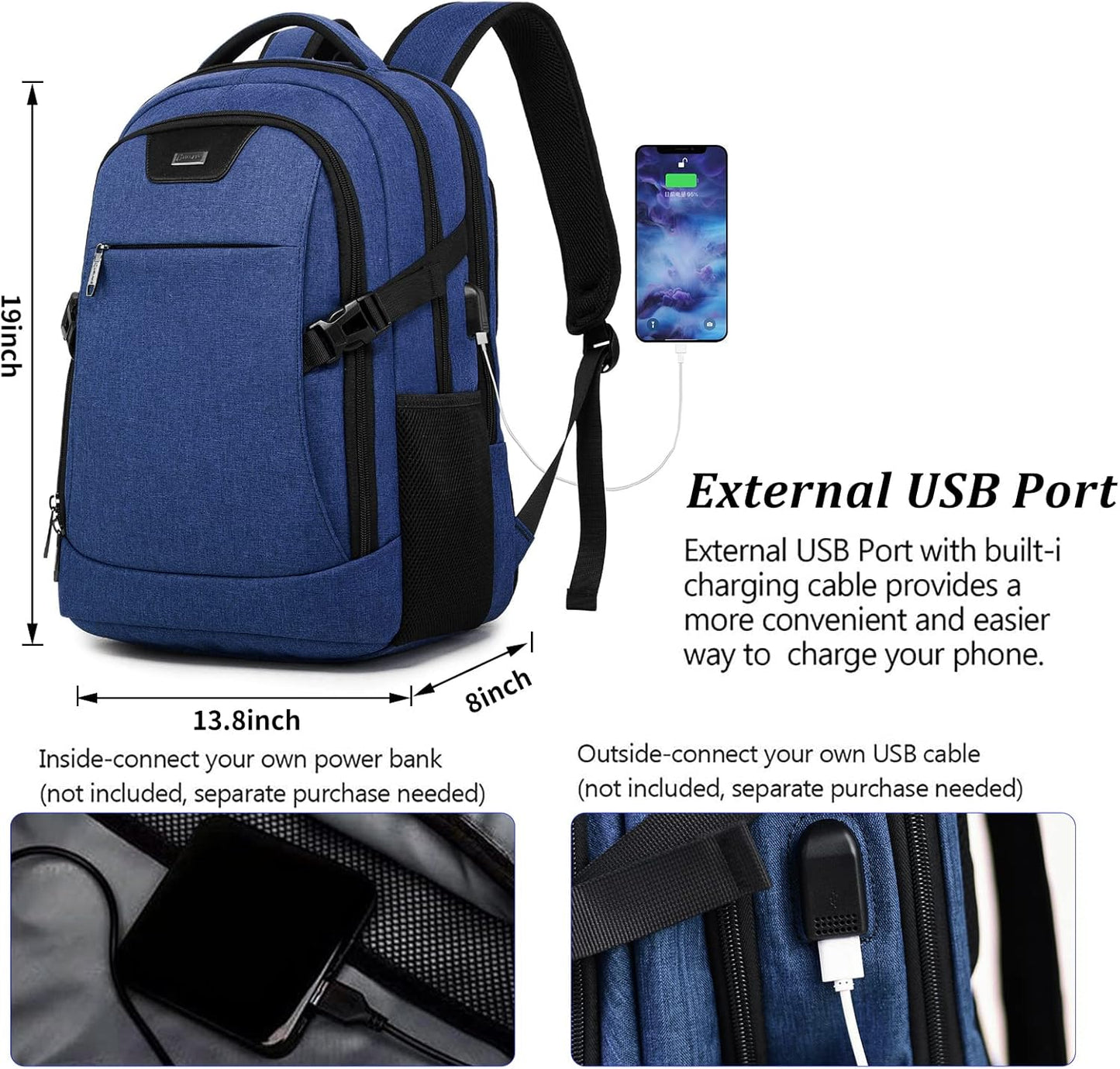 DUALSNG Travel Work Laptop Backpack With USB Charging Port Fits 15.6 15 14 13 Inch Laptop and Notebook Business Anti Theft College Computer Bag Back Pack for Women Men - Navy Blue