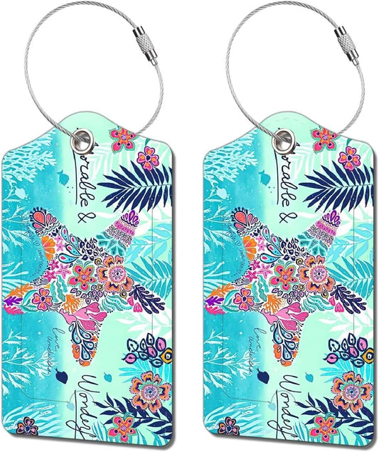 2 Pack Luggage Tag for Suitcase, Cute Unique Leather Bag Tags Identifiers Privacy Cover ID Label with Durable Steel Loop for Women Men Kids Girls Travel, sea Star