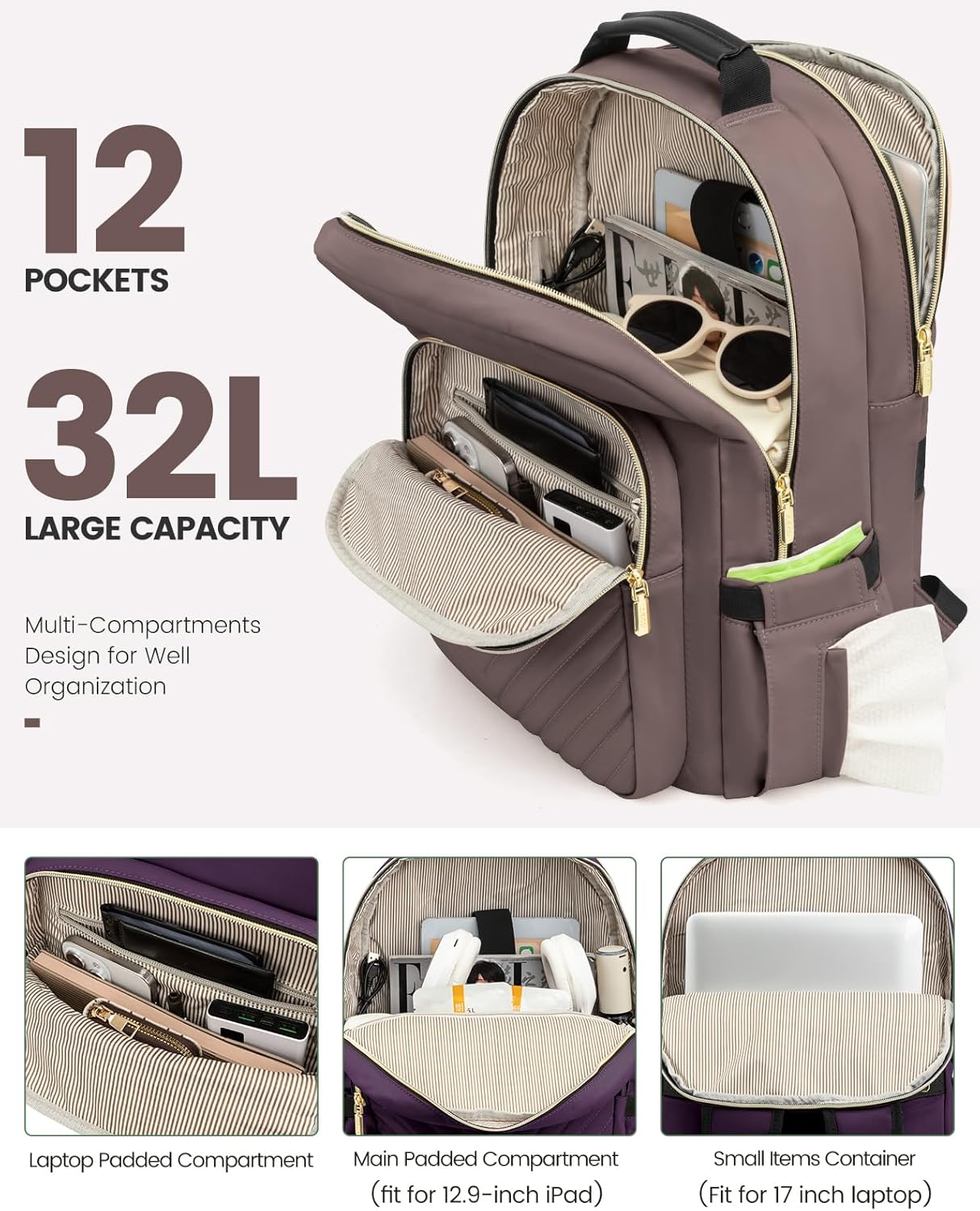 LOVEVOOK Laptop Backpack for Women, Large Capacity Travel Computer Work Bag with 17-inch Laptop Compartment, Business Nurse Backpack Purse, Hiking Outdoor Carry On Backpack, Brown