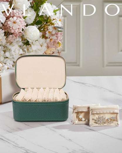 Vlando Jewelry Box with 8 Velvet Jewelry Bags Travel Jewelry Storage Box Petal Hardware Jewelry Organizer for Necklace Rings Earrings Women Gifts for Christmas Birthday-Green