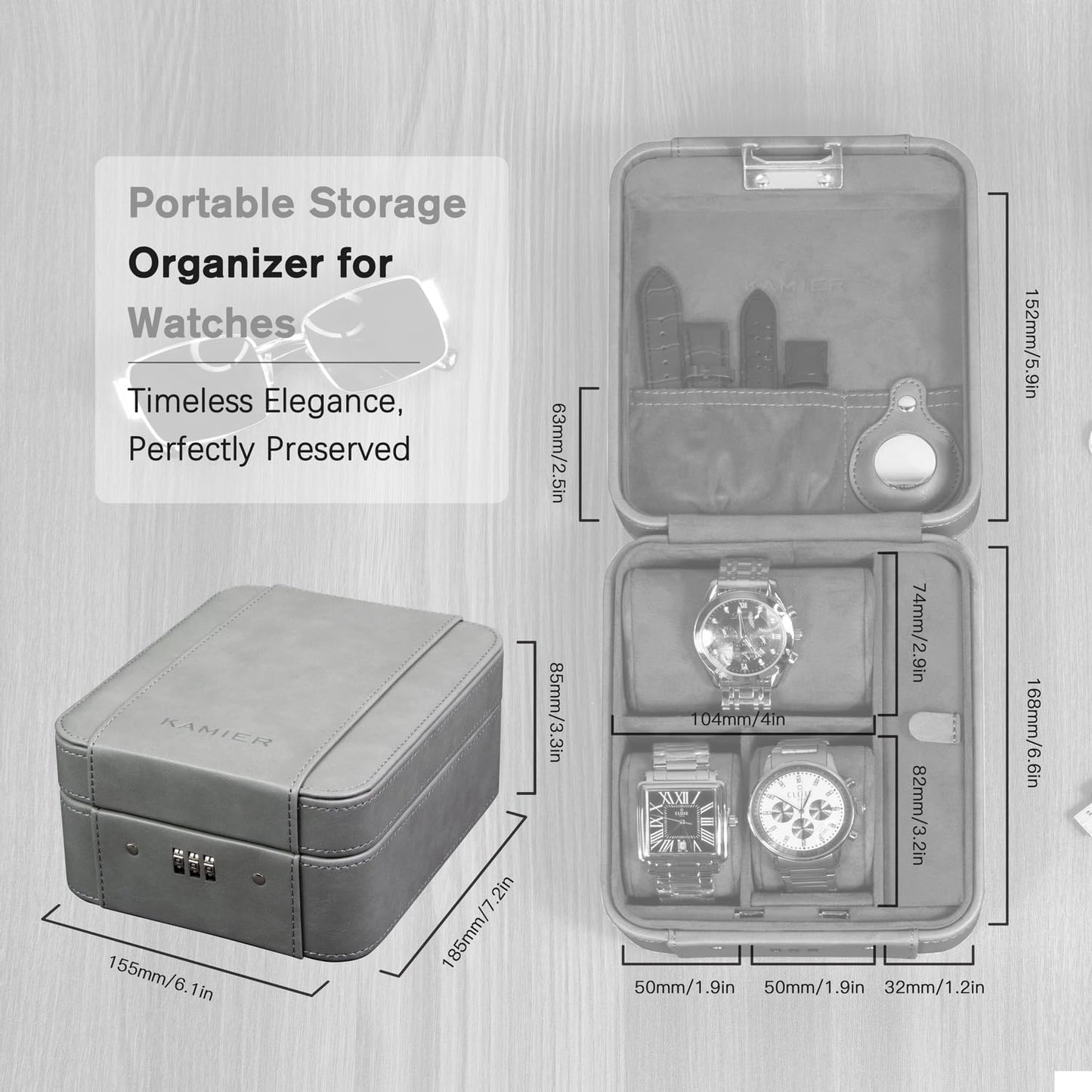 KAMIER Watch Case with Combination Lock - 4 Watch Storage and Jewelry Organizer - Watch Travel Case for Ring and Watch Storage, PU Leather Travel Watch Case, Ideal for Gift (With Gift Box), Grey