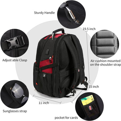 SHRRADOO Extra Large 50L Travel Laptop Backpack with USB Charging Port, College High School Backpack Airline Approved Business Work Bag Fit 17 Inch Laptops for Men Women,Red