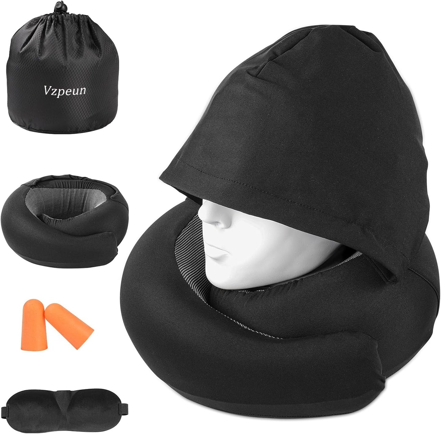 Travel Pillow - Hooded Neck Pillow Airplane Memory Foam Filling for Plane, Office, Cars Sleeping, Road Trip, Long Flights, Portable Plane Accessories, Includes Eye Mask & Earplugs (Black)