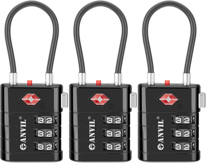 ANVIL TSA Approved Luggage Locks – High Security TSA008 Combination Travel Locks with Inspection Indicator for Suitcases and Backpacks. (3, Black)