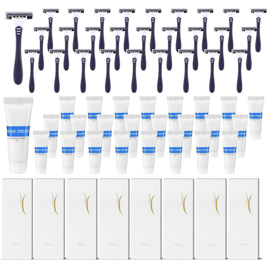 Hushee Shave Kit Bulk Travel Shaving Cream Disposable Twin Blade Razors and Cream Individually Wrapped Smooth Razor with Clear Cap Toiletries for Hotel Shelter Camping Travel Homeless (100 Pack)