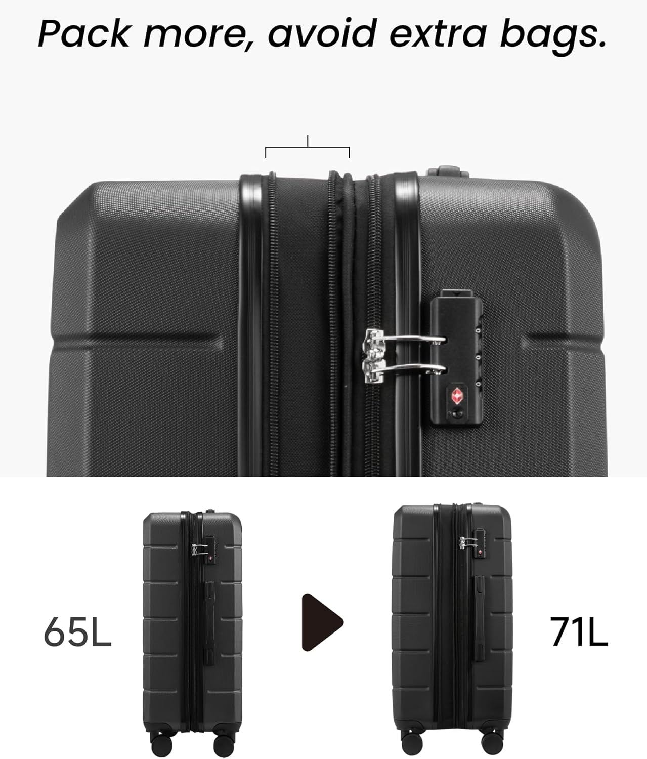 24 Inch Luggage with Spinner Wheels, Expandable Hardside Medium Checked Suitcase, Black