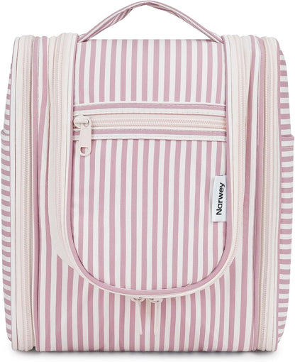 Narwey Small Striped Hanging Travel Toiletry Bag for Women, Travel Bag for Toiletries, Makeup Bag Organizer Cosmetic Bags Make Up Bags for Women (Dusty Rose Stripe)