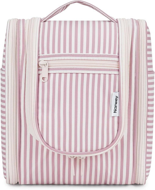 Narwey Small Striped Hanging Travel Toiletry Bag for Women, Travel Bag for Toiletries, Makeup Bag Organizer Cosmetic Bags Make Up Bags for Women (Dusty Rose Stripe)