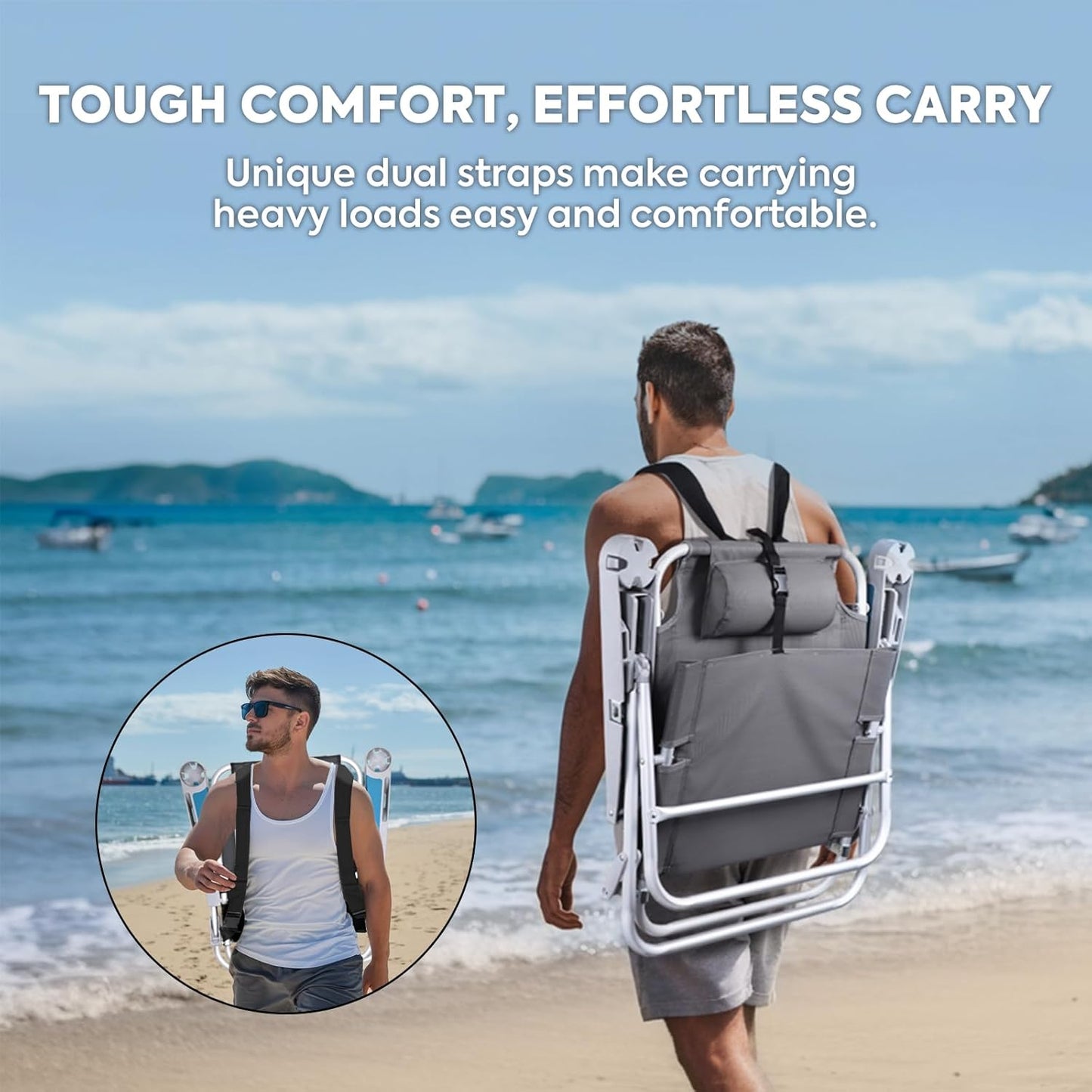 ICECO Backpacking Beach Chairs for Adults, 5 Positions Reclining Chair, Heavy Duty Folding Chairs, Portable Lay Flat Outdoor Chair with Cup Holder for Beach, Camping, Lawn, 350lb Capacity