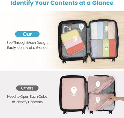 Cambond Compression Packing Cubes for Travel - 7 Set Multi-color See Through Mesh Compression Cubes for Travel Essentials with Large Laundry Bag, Luggage Packing Organizers Bags for Suitcases