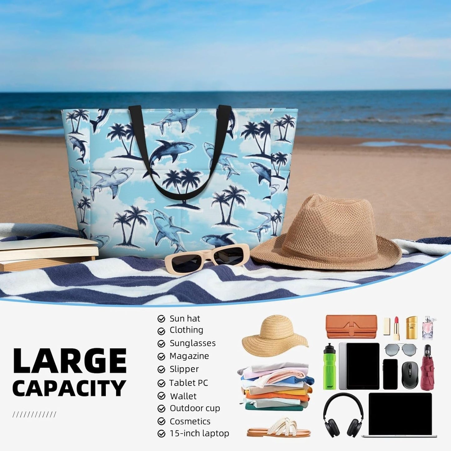 Beach Bag for Women Beach Tote Bag Waterproof Sandproof Large Bags with Zipper Big Capacity for Vacation Travel