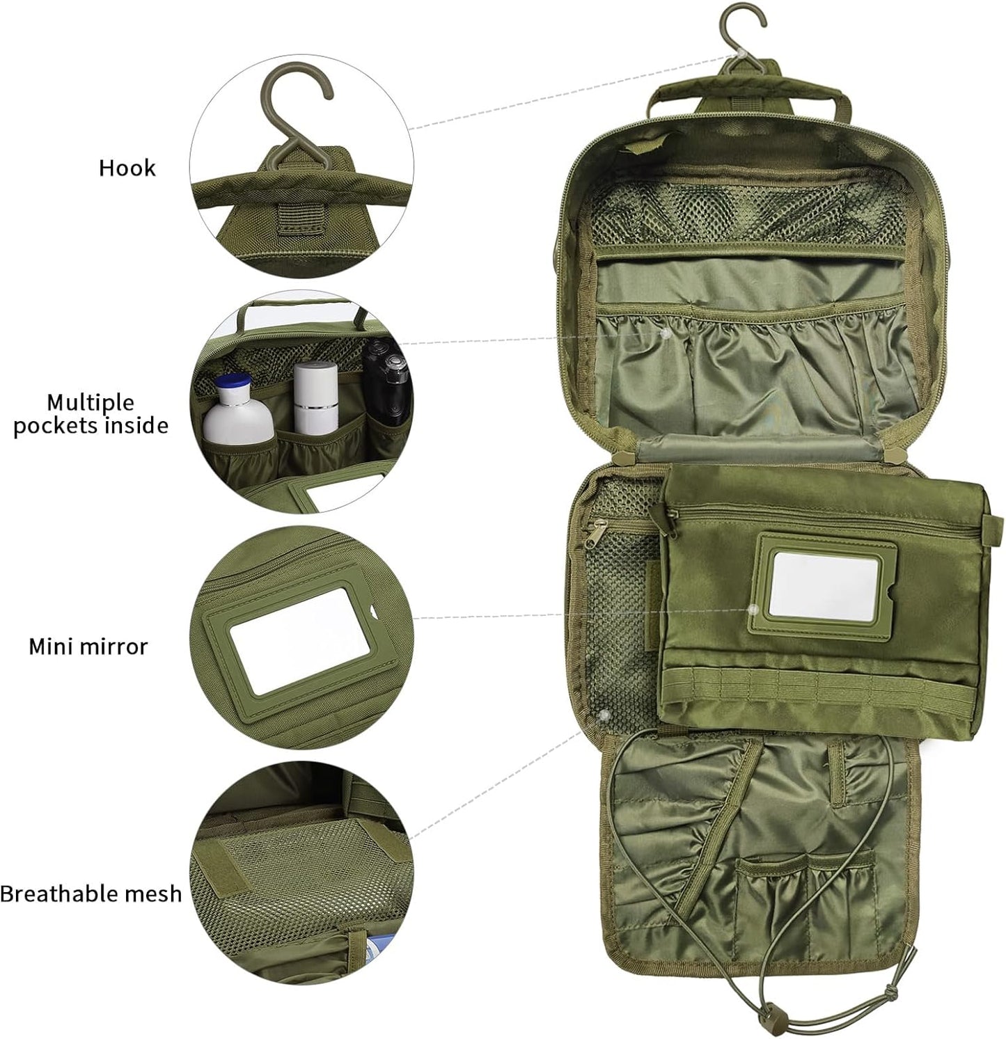 SUNRISING Tactical Toiletry Bag for Men - Hanging Travel Dopp Kit, Shaving Hygiene Organizer, Durable Bathroom Essentials for Short Trips & Camping Army Green