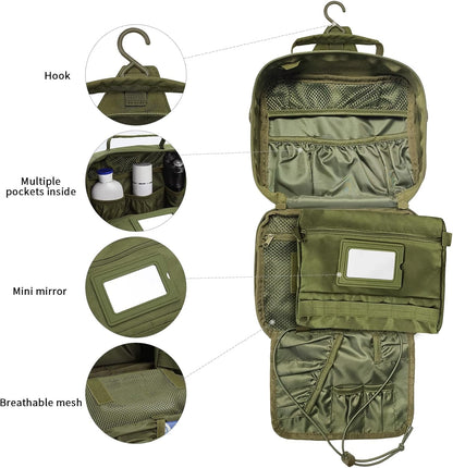 SUNRISING Tactical Toiletry Bag for Men - Hanging Travel Dopp Kit, Shaving Hygiene Organizer, Durable Bathroom Essentials for Short Trips & Camping Army Green