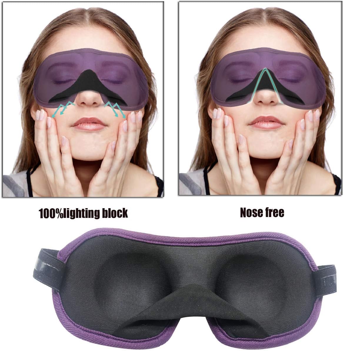 3D Eye mask for Sleeping,Machine Washable, Sleep Mask for Women, Blinder Blindfold Airplane (Black+Purple)