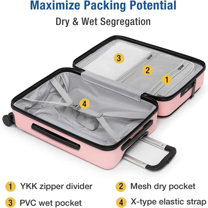 KYME 22-Inch Hardside Small Suitcase, 100% PC Hard Shell with Laptop Compartment, TSA Lock, Double Wheels, Pink