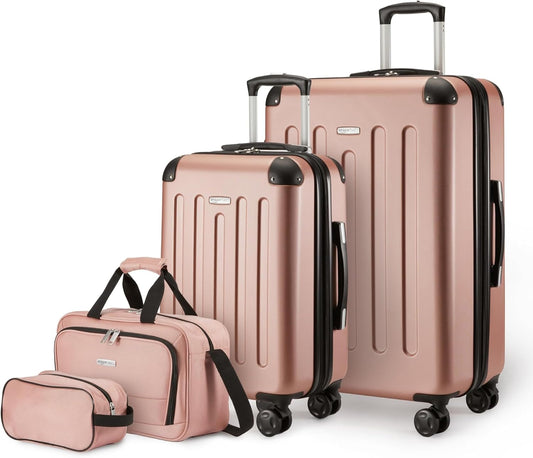 Amazon Basics 4-Piece Luggage Set, Including Two Hardside Suitcases With Multi-directional Spinner Wheels (22" Carry-On and 28" Checked), 15" Tote Bag and 10" Compact Travel Bag, Rose Gold
