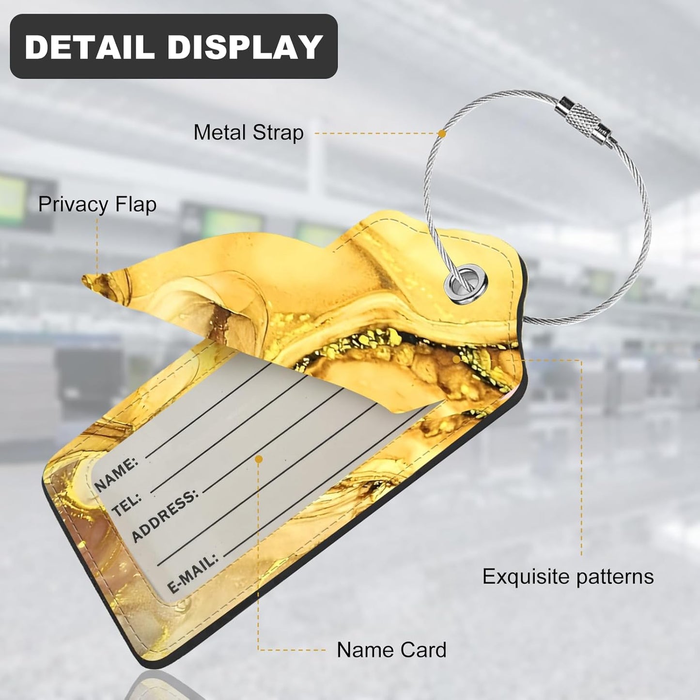 2Pack Luggage Tags for Suitcases, Cute Unique Pu Leather Cruise Luggage Tag with Privacy Cover ID Label Address Card and Metal Ring Suitable for Women Men Kids Travel Bag Golden Marble