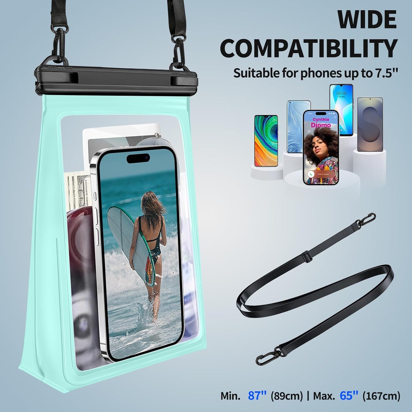 Large Waterproof Phone Pouch [with Sealing Strip], Cell Phone Dry Bag for iPhone Galaxy All Phones, Floating Water Proof Bag for Beach Water Park Green