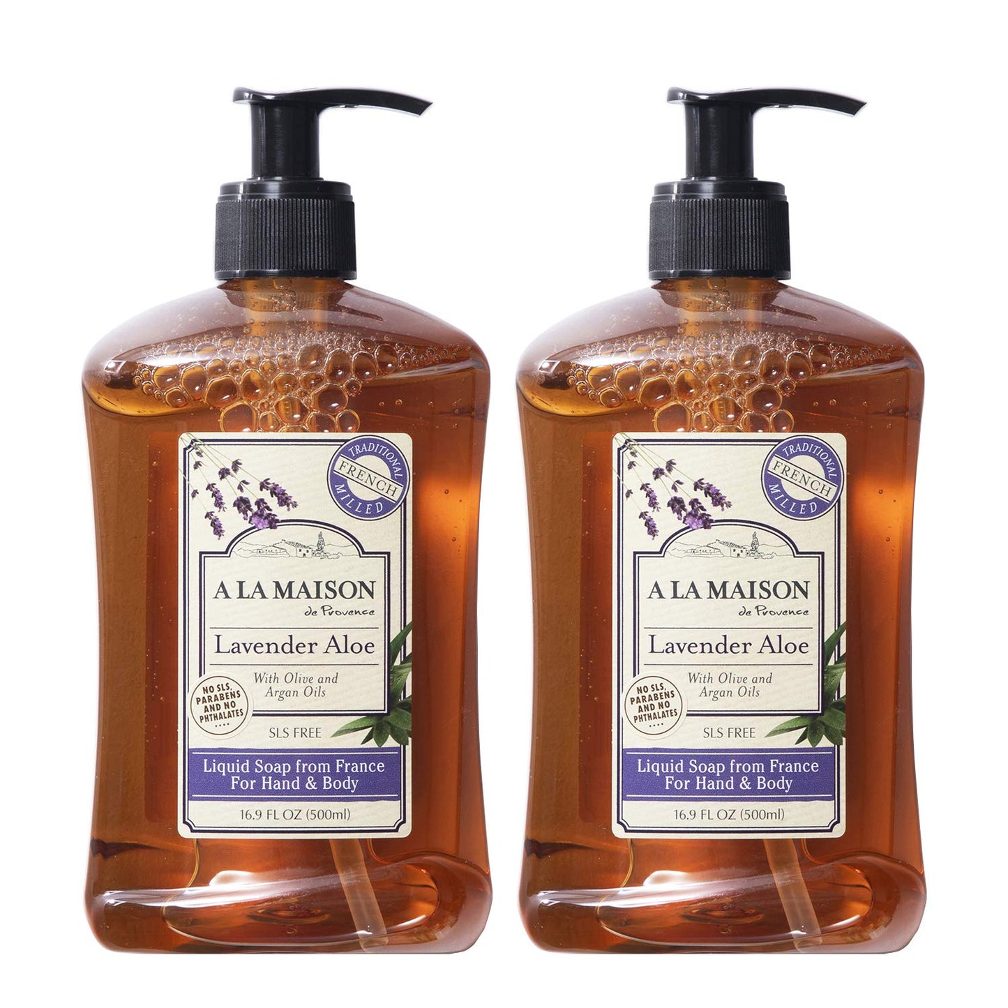 A LA MAISON de Provence Lavender Aloe Liquid Hand and Body Soap (Pack of 2) With Argan Oil, Olive Oil and Vitamin E, 16.9 fl oz Each