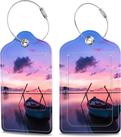 Set of 2 Luggage Tags Sea and Boat at Sunset Leather Suitcases Tag with Privacy Cover Stainless Steel Loop and Address Card for Women Men Travel