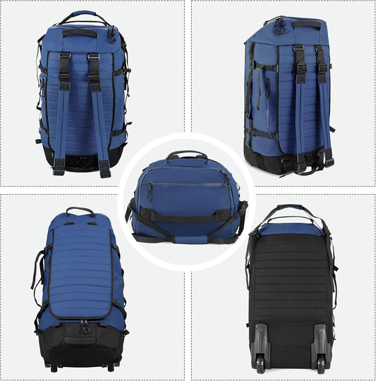 86L 30” Folding Duffle Backpack with 2 Wheels,Travel Bag with Separate Shoe Compartment,Navy Blue
