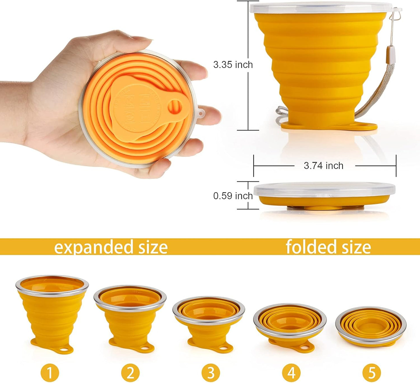 IYYI Silicone Collapsible Travel Cup, 9.22oz Folding Camping Cup with Lid, Expandable Drinking Cup Set, Portable Coffee Cup (Dark Gray-Lighr Gray-Yellow-Green, S-4)