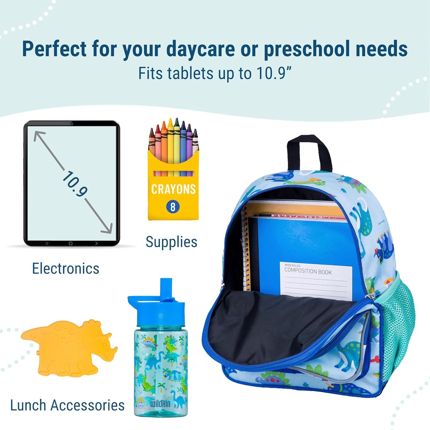 Wildkin 12-inch Kids Backpack – Padded, Adjustable, Ideal for Daycare & Travel - Dinosaur Land