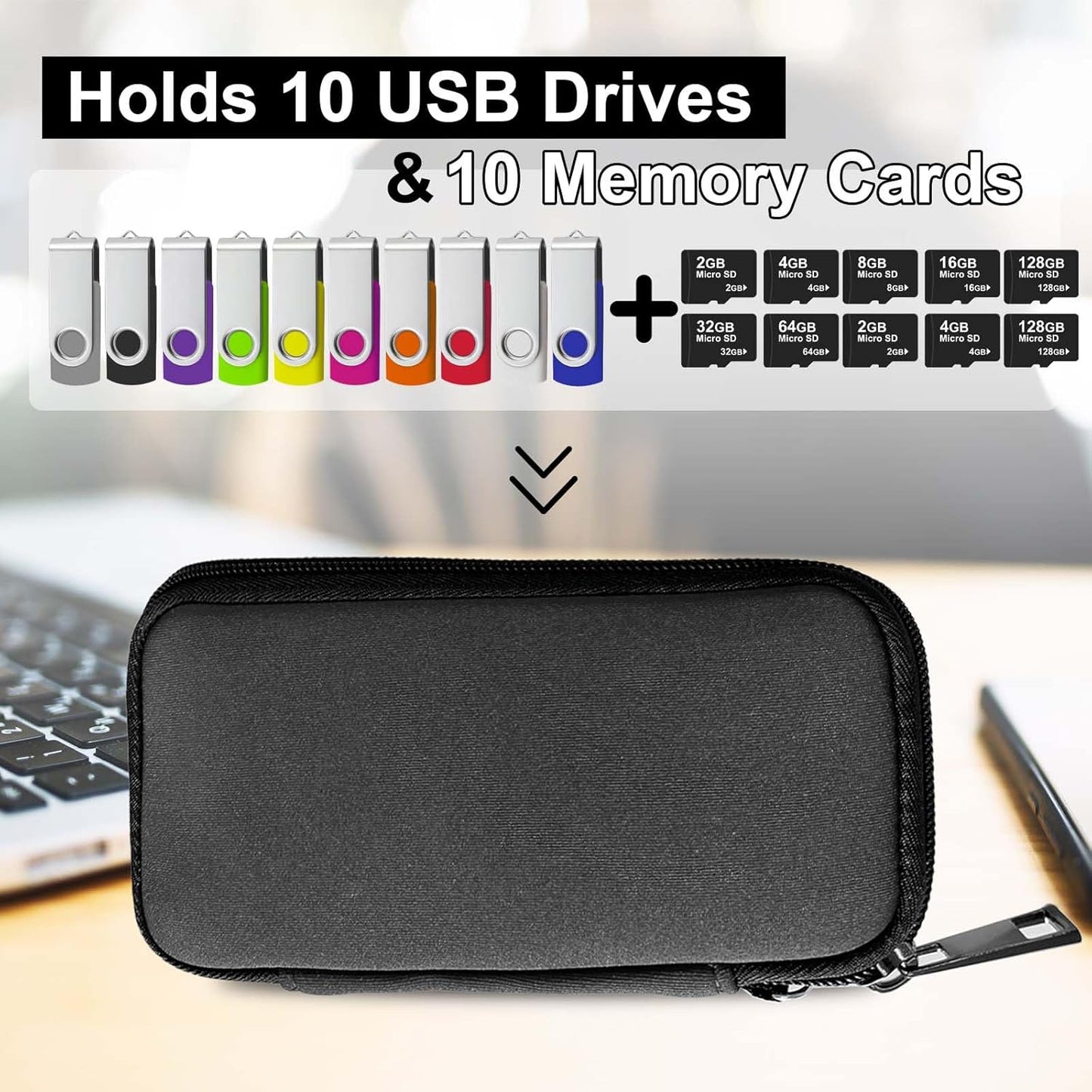JBOS USB Flash Drive Case with 10 USB Drive Slots and 10 Memory Card Slots Storage Organizer Case Holder for Thumb Drives Jump Drives SD Cards with Zipper Bag Black
