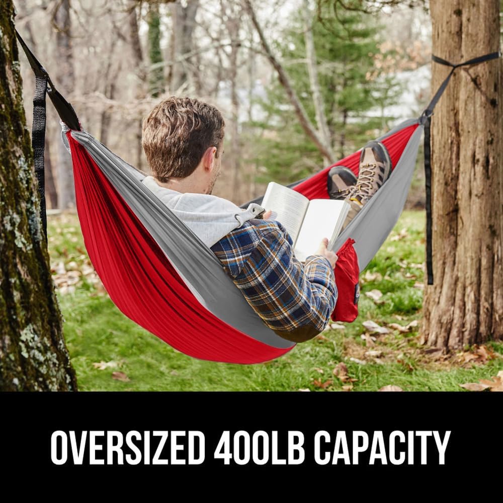 GORILLA GRIP Durable Portable Camping Hammock, Holds 400lbs with Heavy Duty Tree Straps, Comfortable Travel Swing, Camp Hammocks, Easy to Use and Install, Outdoor Essentials, Red, 9x4.5 FT