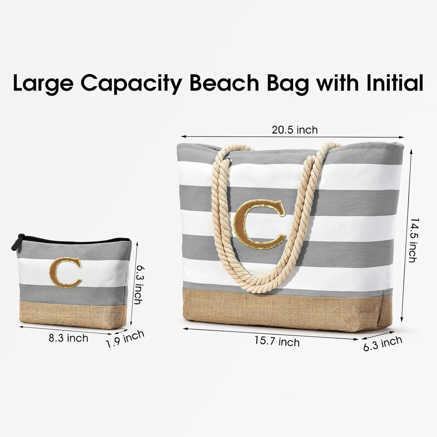 Becokan Beach Bag Initial Beach Tote with Makeup Bag for Travel Work Storage Personalized Birthday Gifts for Women Her
