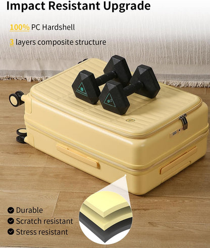 aji Expandable Top Open 26 Inch Checked Luggage with Spinner Wheels, Large Suitcase with TSA Lock, Hardside Travel Luggage Suitcases for Men Women, for 24+Days Travel, Cheese Yellow