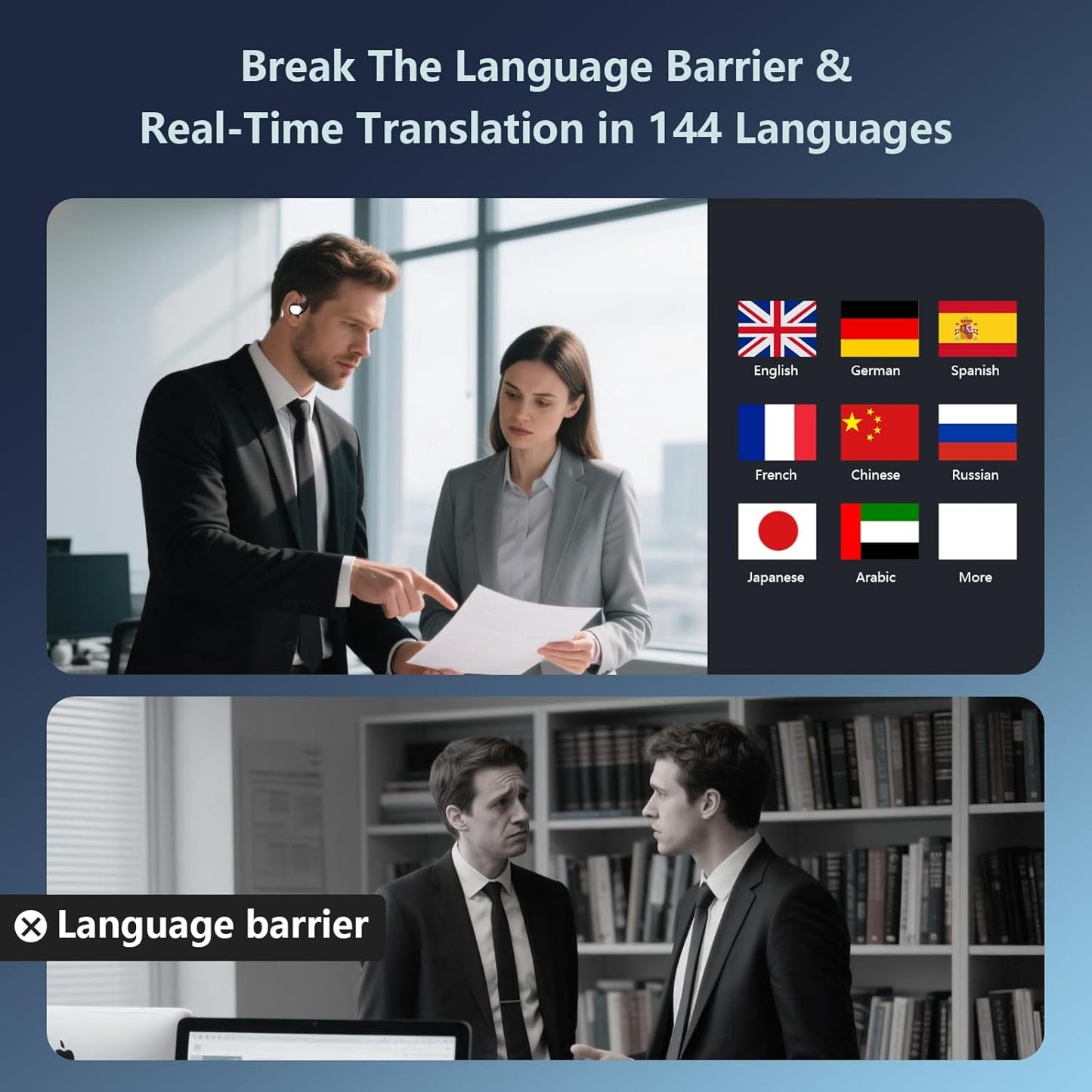 AI Language Translation Earbuds Real Time, Audifonos Traductores Inglés Español, Translator for 144 Languages & Accents, 3-in-1 Translating Headphones with Charging Case, For iOS/Android (Matte Black)