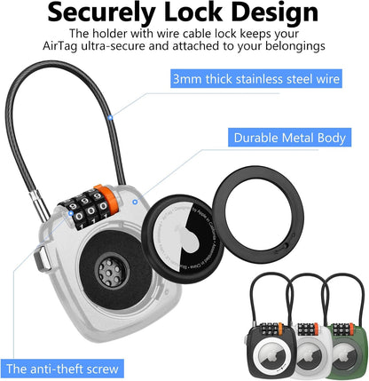 Compatible with Apple AirTag Secure Lock with Wire Cable, 3-Digit Combination Luggage Locks, Alloy Body Ultra Durable Anti-Lost Protective Case for Luggage, Bags, Suitcase, and Backpacks (WHITE)