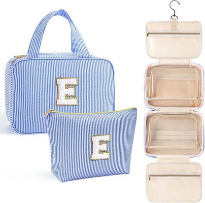 YOOLIFE Teen Girl Gifts Trendy Stuff - Birthday Gifts for 7 8 9 10 11 12 13 14 15 16 17 18 Year Old Teen Girls, Hanging Toiletry Bag Initial Makeup Bag - Letter E, Blue