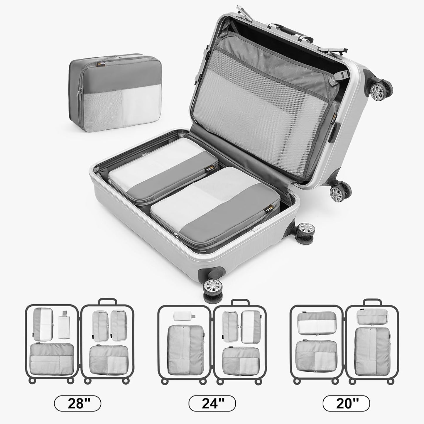 6 Set Compression Packing Cubes for Travel Essentials, Luggage Organizers for Suitcases (Silver)