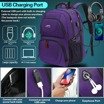 ProEtrade Travel Backpack, Extra Large Laptop Backpack School Business Anti Theft TSA Approved College Work Computer Bag Fits 17 Inch Laptop with USB Charging Port Bookbag for Women Men(Purple)