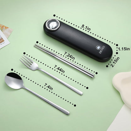 DEVICO Travel Utensils with Case Cute, Reusable Silverware for Lunch, Portable Cutlery Set, 18/8 Stainless Steel Fork Spoon Chopsticks in Cartoon Case, Dishwasher Safe (Black)