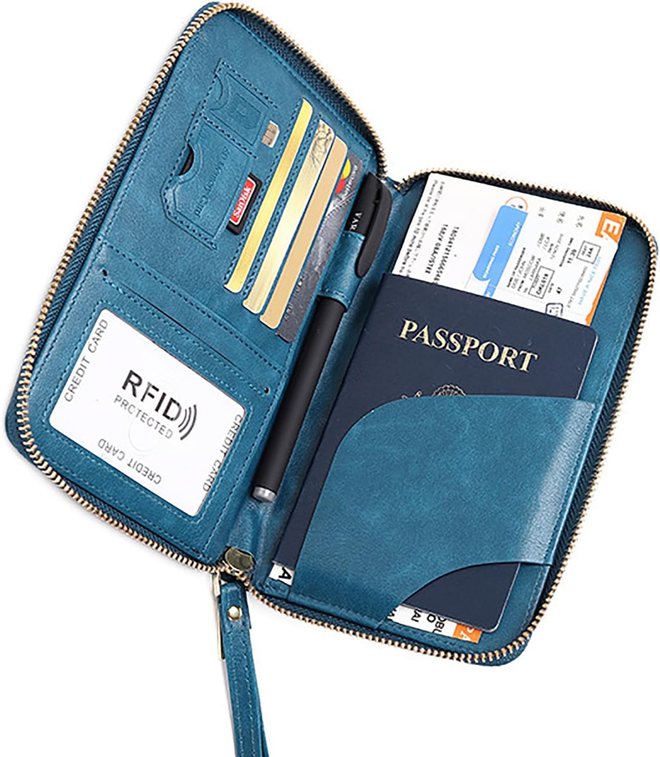 Rowgins Rfid Blocking Passport Holder Wallet, Rowgins Rfid Passport Holder with Zipper, PU Leather PassportHolder for Travel (PEACOCK BLUE)