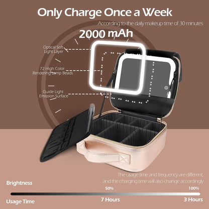 MOMIRA Travel Makeup Bag Cosmetic Bag Makeup Organizer Bag with Lighted Mirror, Adjustable Brightness in 3 Color Scenarios, Waterproof Makeup Train Case, Gift for Women - Champagne