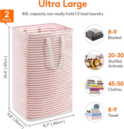 Lifewit 2 Pack Laundry Hamper Large Collapsible Laundry Basket, Freestanding Waterproof Cloth Hamper with Easy Carry Handles in Laundry Room Bedroom Bathroom Dorm for Adult, Gray&Pink, 2 x 80L