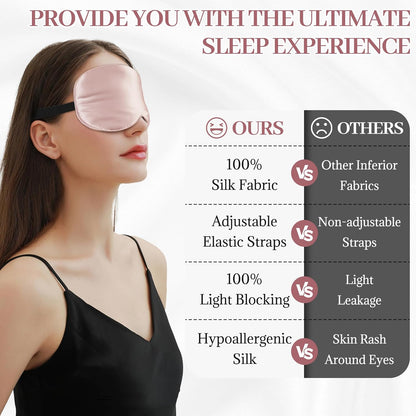 Silk Sleep Mask Eye Cover, 100% Mulberry Silk Women Men Eye Mask for Sleeping Blackout with Adjustable Straps, No Pressure Soft Blindfold Night Eye Shade, Eyemasks for Travel (Pink)
