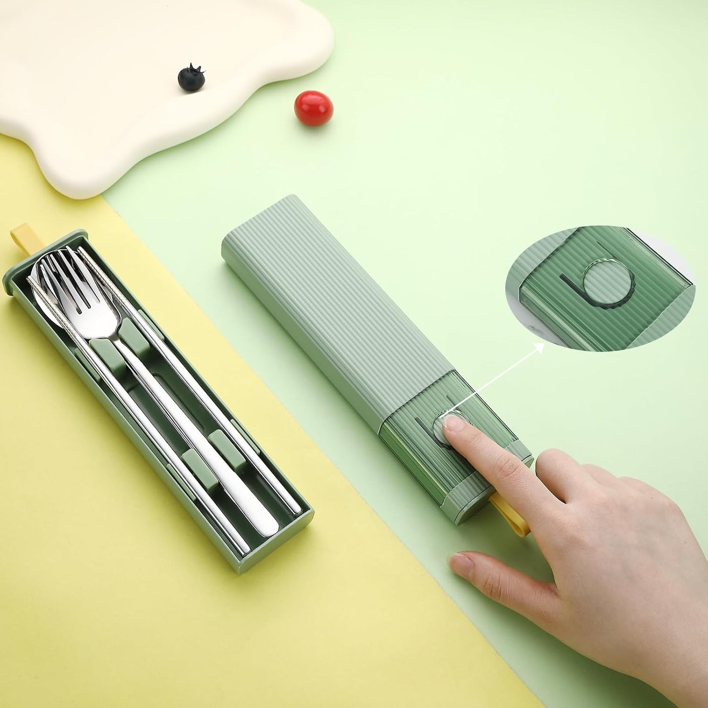 DEVICO Travel Utensils with Case, 18/8 Stainless Steel Reusable Silverware Set for Lunch Box, Portable Cutlery Set, Fork and Spoon Set for Camping, Lunch, Picnic, Workplace, School (Green)