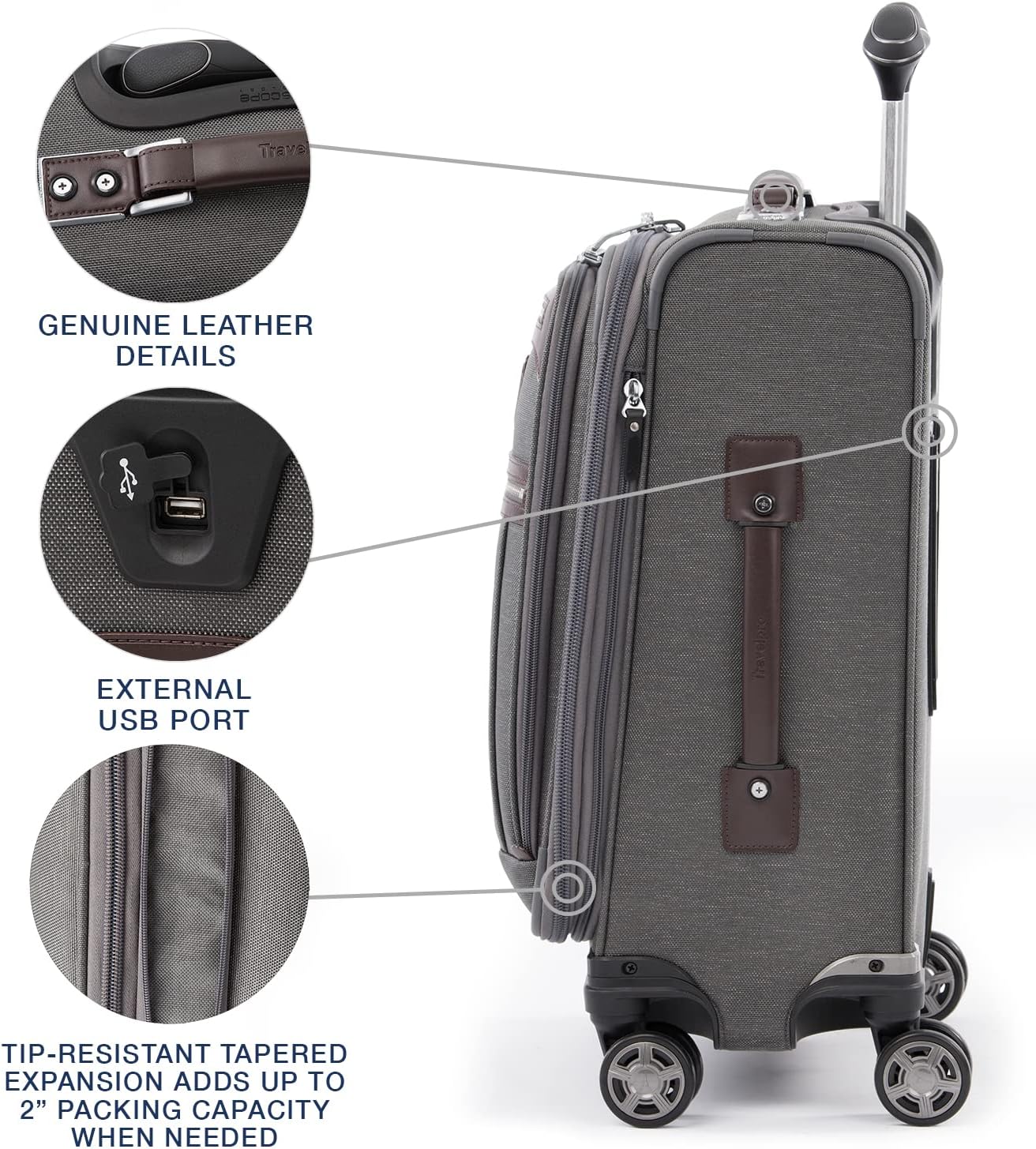 Travelpro Platinum Elite Softside Expandable Carry on Luggage, 8 Wheel Spinner Suitcase, USB Port, Laptop and Tablet Sleeves, Men and Women, Vintage Grey, Carry On 20-Inch
