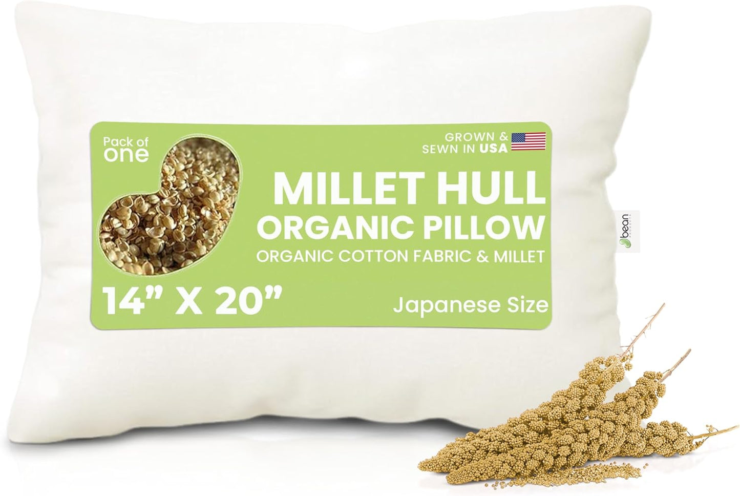 Bean Products 14" x 20" Japanese Bed Pillow for Sleeping – Organic Millet Fill with Organic Cotton Fabric, Soft Head Pillow – Eco-Friendly, Breathable, and Durable Sleep Aid, Made in The USA